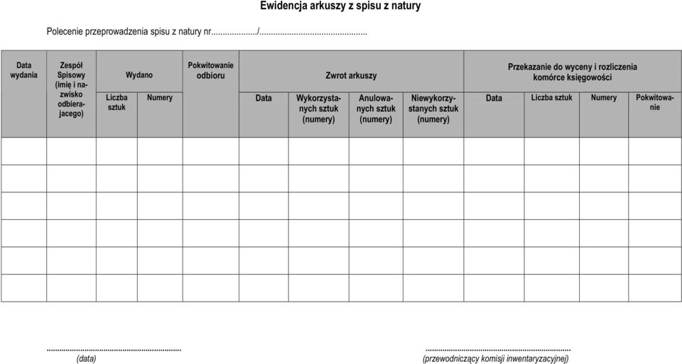 Data Wykorzystanych sztuk (numery) Zwrot arkuszy Anulowanych sztuk (numery) Niewykorzystanych sztuk (numery)