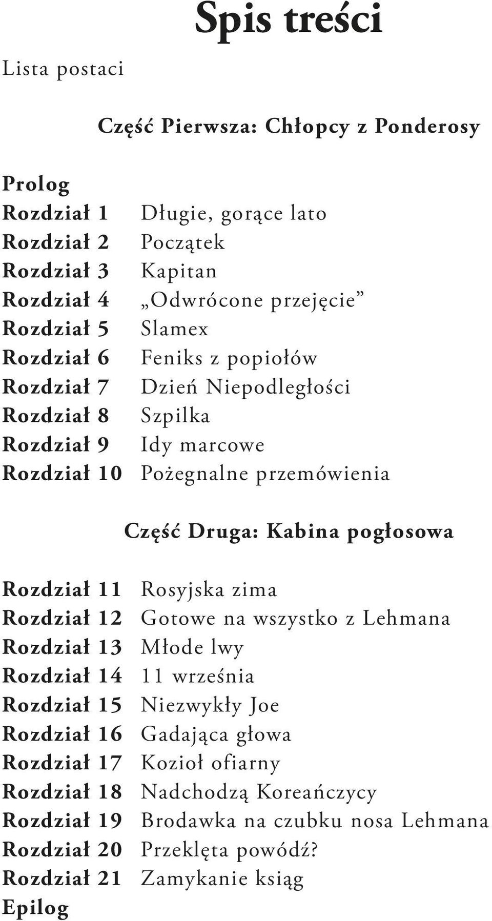 Kabina pogłosowa Rozdział 11 Rosyjska zima Rozdział 12 Gotowe na wszystko z Lehmana Rozdział 13 Młode lwy Rozdział 14 11 września Rozdział 15 Niezwykły Joe Rozdział 16