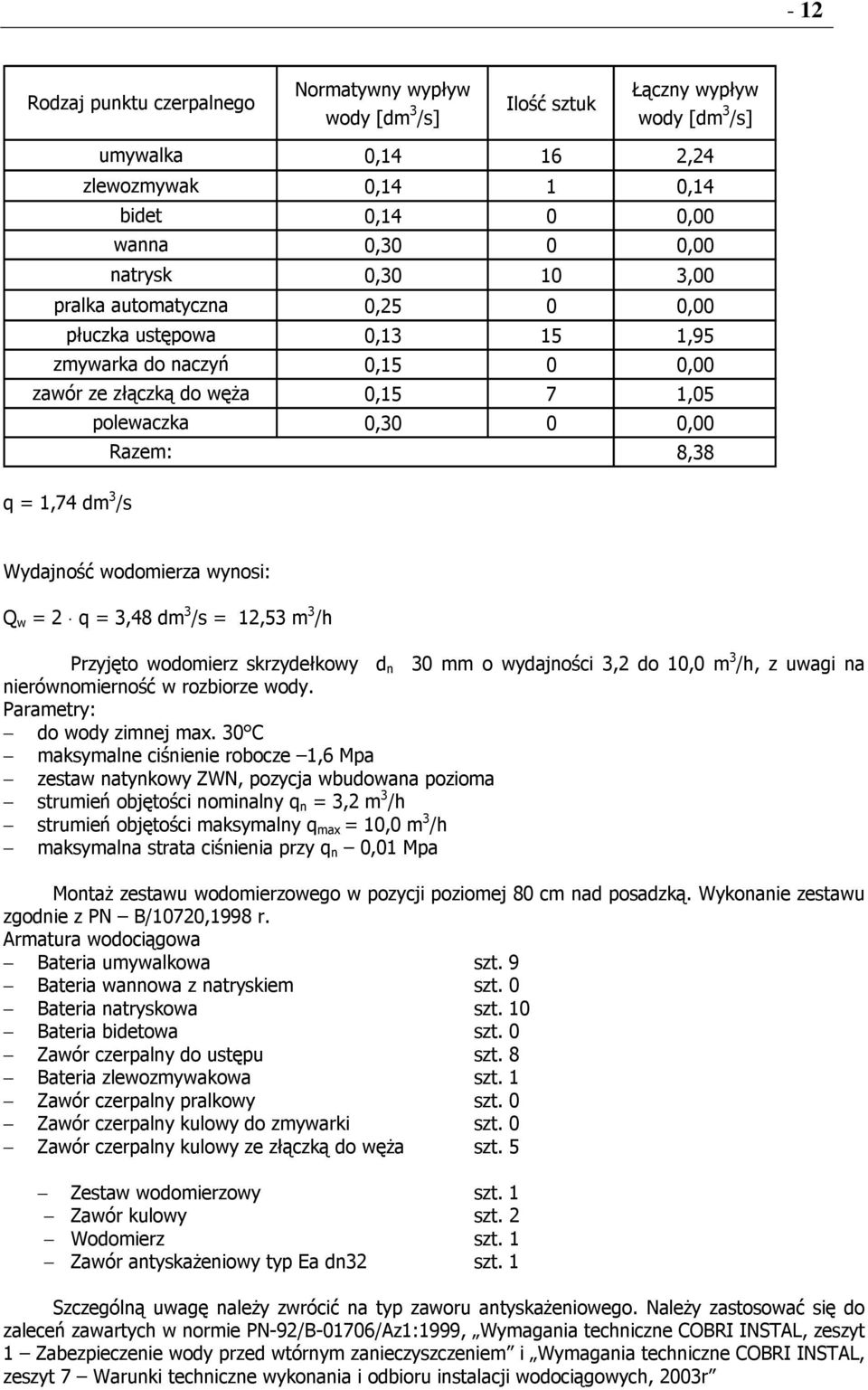 Wydajność wodomierza wynosi: Q w = 2 q = 3,48 dm 3 /s = 12,53 m 3 /h Przyjęto wodomierz skrzydełkowy d n 30 mm o wydajności 3,2 do 10,0 m 3 /h, z uwagi na nierównomierność w rozbiorze wody.