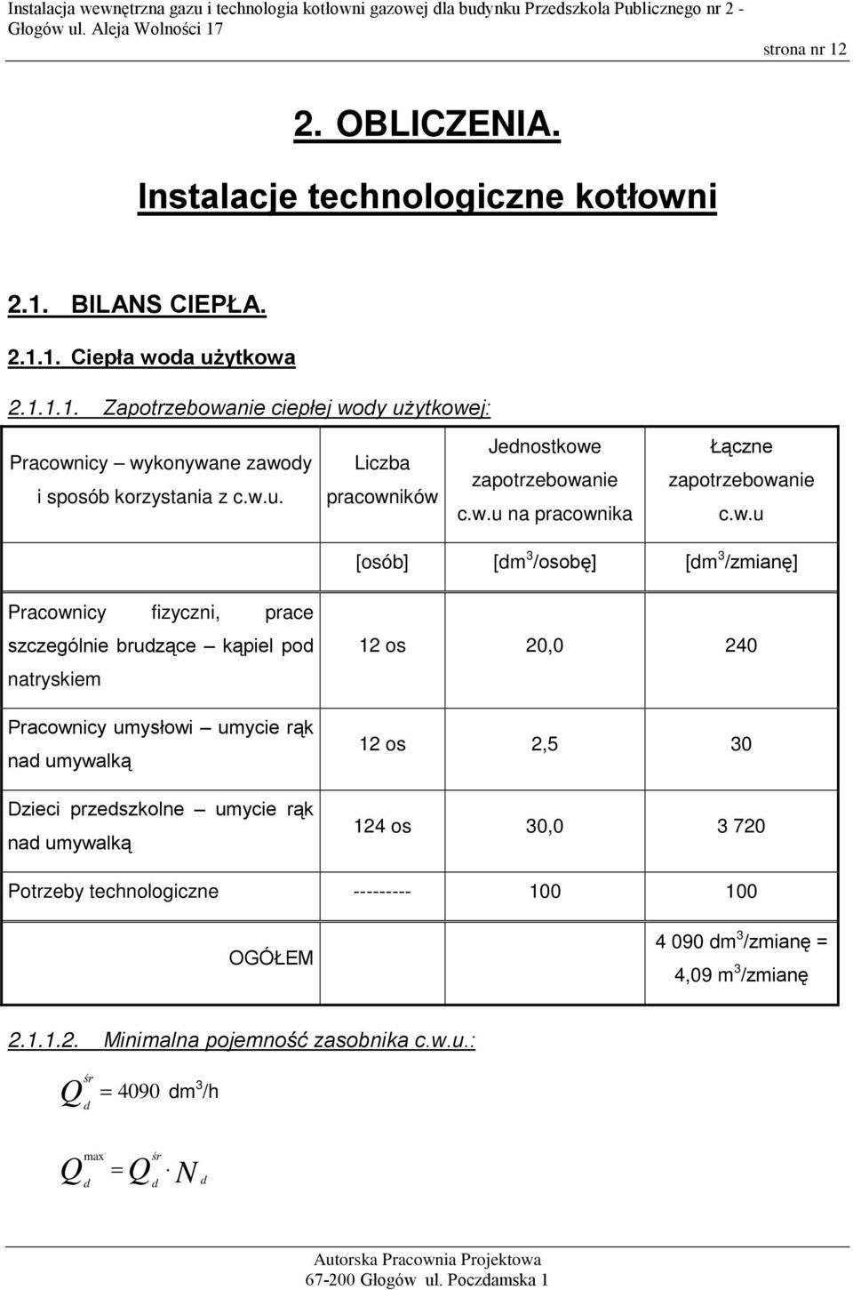 brudzące kąpiel pod natryskiem Pracownicy umysłowi umycie rąk nad umywalką Dzieci przedszkolne umycie rąk nad umywalką 12 os 20,0 240 12 os 2,5 30 124 os 30,0 3 720 Potrzeby