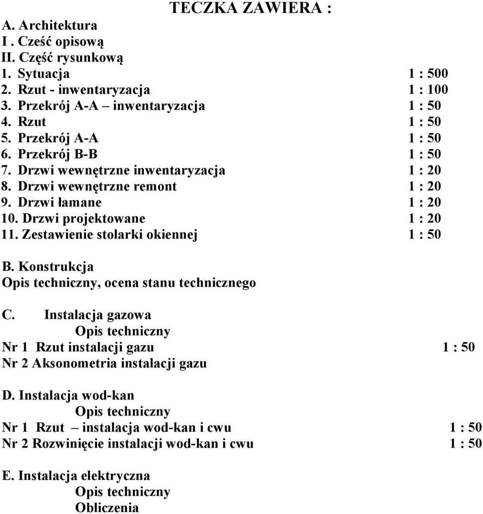 Zestawienie stolarki okiennej 1 : 50 B. Konstrukcja Opis techniczny, ocena stanu technicznego C.