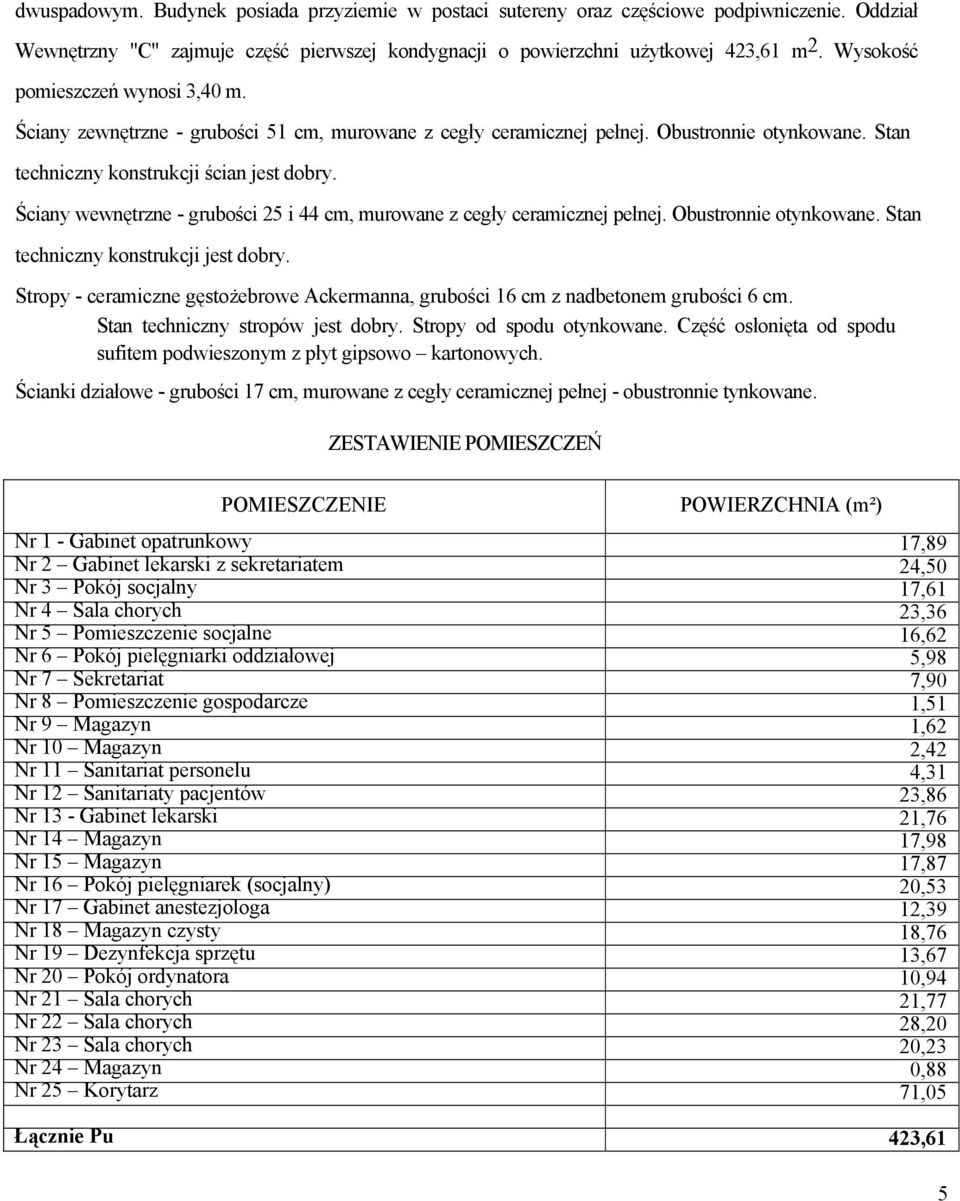 Ściany wewnętrzne - grubości 25 i 44 cm, murowane z cegły ceramicznej pełnej. Obustronnie otynkowane. Stan techniczny konstrukcji jest dobry.