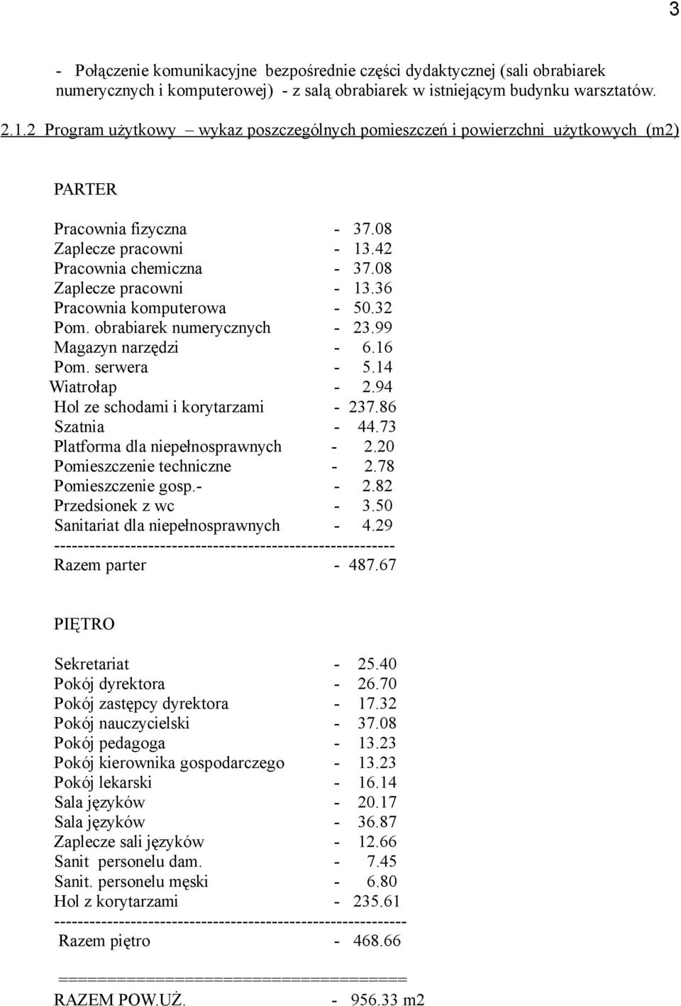 32 Pom. obrabiarek numerycznych - 23.99 Magazyn narzędzi - 6.16 Pom. serwera - 5.14 Wiatrołap - 2.94 Hol ze schodami i korytarzami - 237.86 Szatnia - 44.73 Platforma dla niepełnosprawnych - 2.