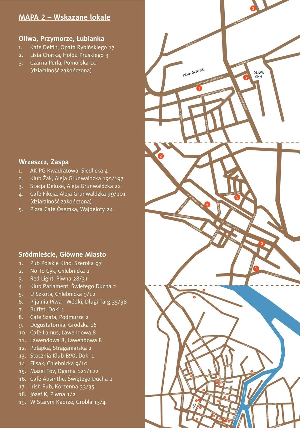 AK PG Kwadratowa, Siedlicka 4 2. Klub Żak, Aleja Grunwaldzka 195/197 3. Stacja Deluxe, Aleja Grunwaldzka 22 4. Cafe Fikcja, Aleja Grunwaldzka 99/101 (działalność zakończona) 5.