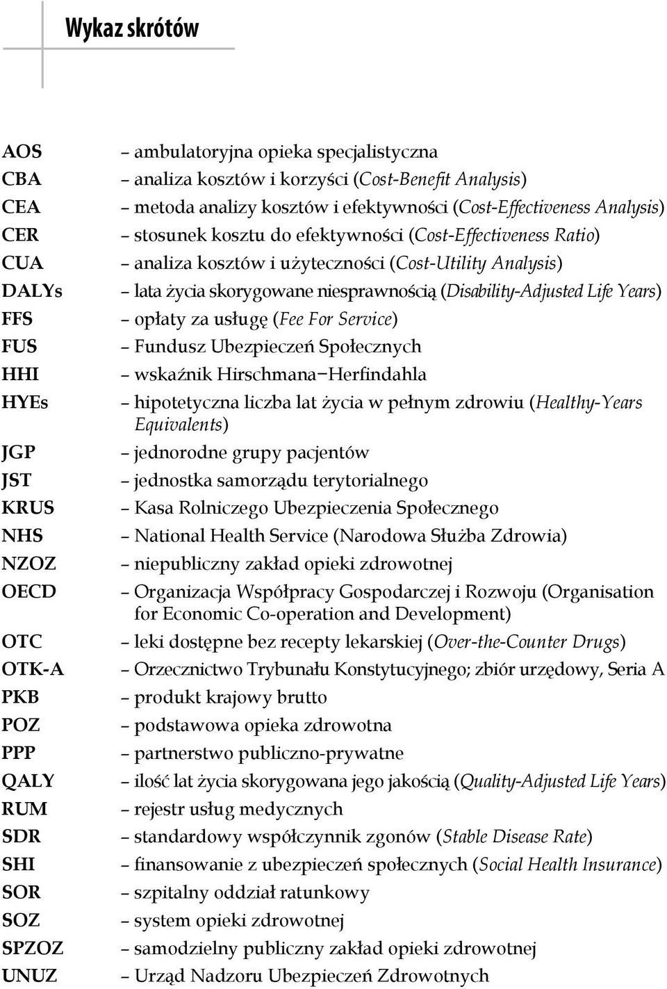 (Cost-Utility Analysis) lata życia skorygowane niesprawnością (Disability-Adjusted Life Years) opłaty za usługę (Fee For Service) Fundusz Ubezpieczeń Społecznych wskaźnik Hirschmana Herfindahla