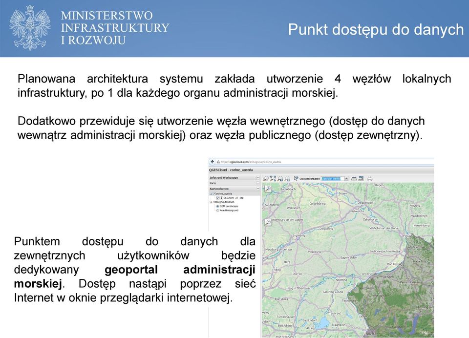 Dodatkowo przewiduje się utworzenie węzła wewnętrznego (dostęp do danych wewnątrz administracji morskiej) oraz węzła