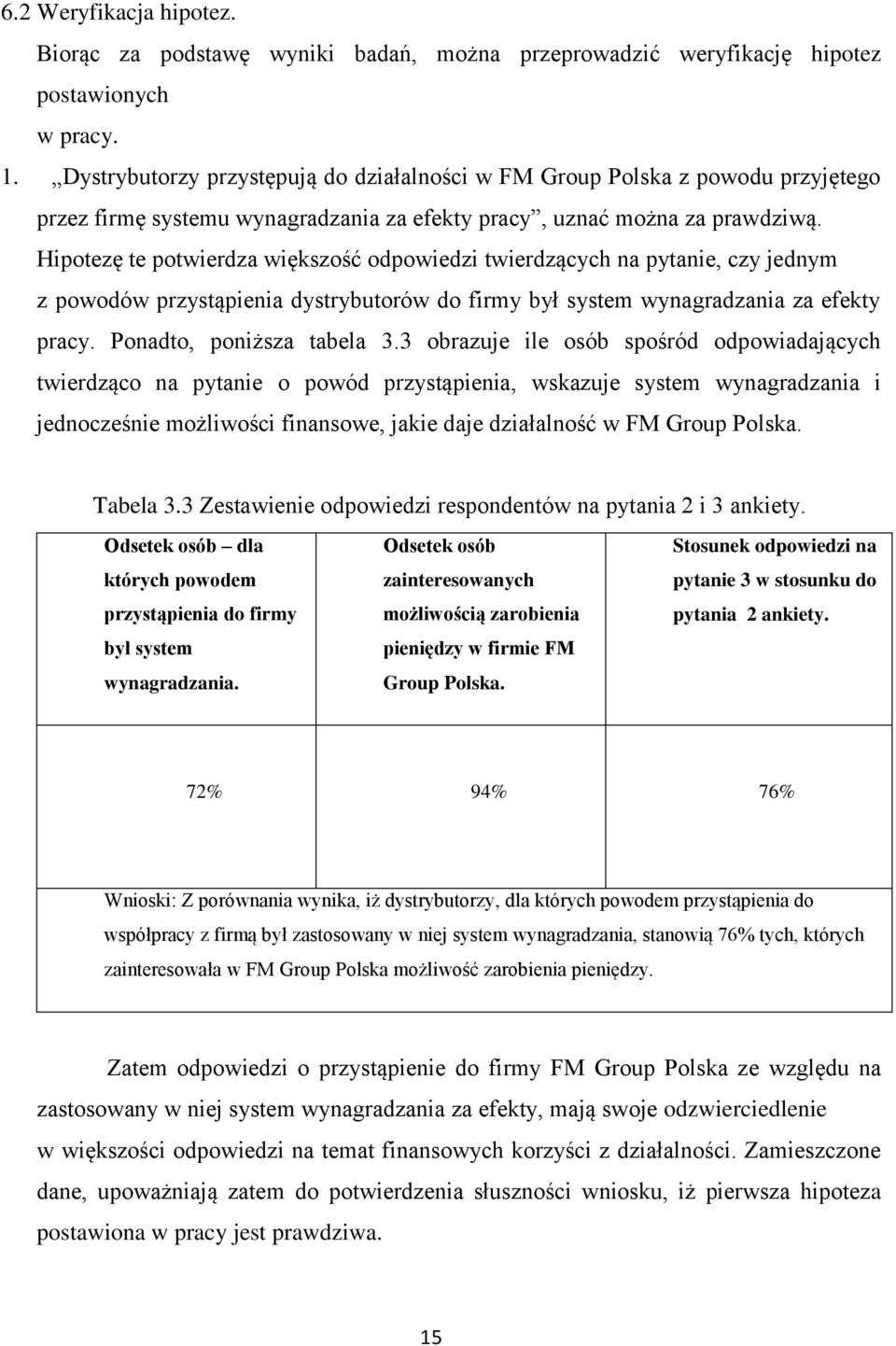 Hipotezę te potwierdza większość odpowiedzi twierdzących na pytanie, czy jednym z powodów przystąpienia dystrybutorów do firmy był system wynagradzania za efekty pracy. Ponadto, poniższa tabela 3.