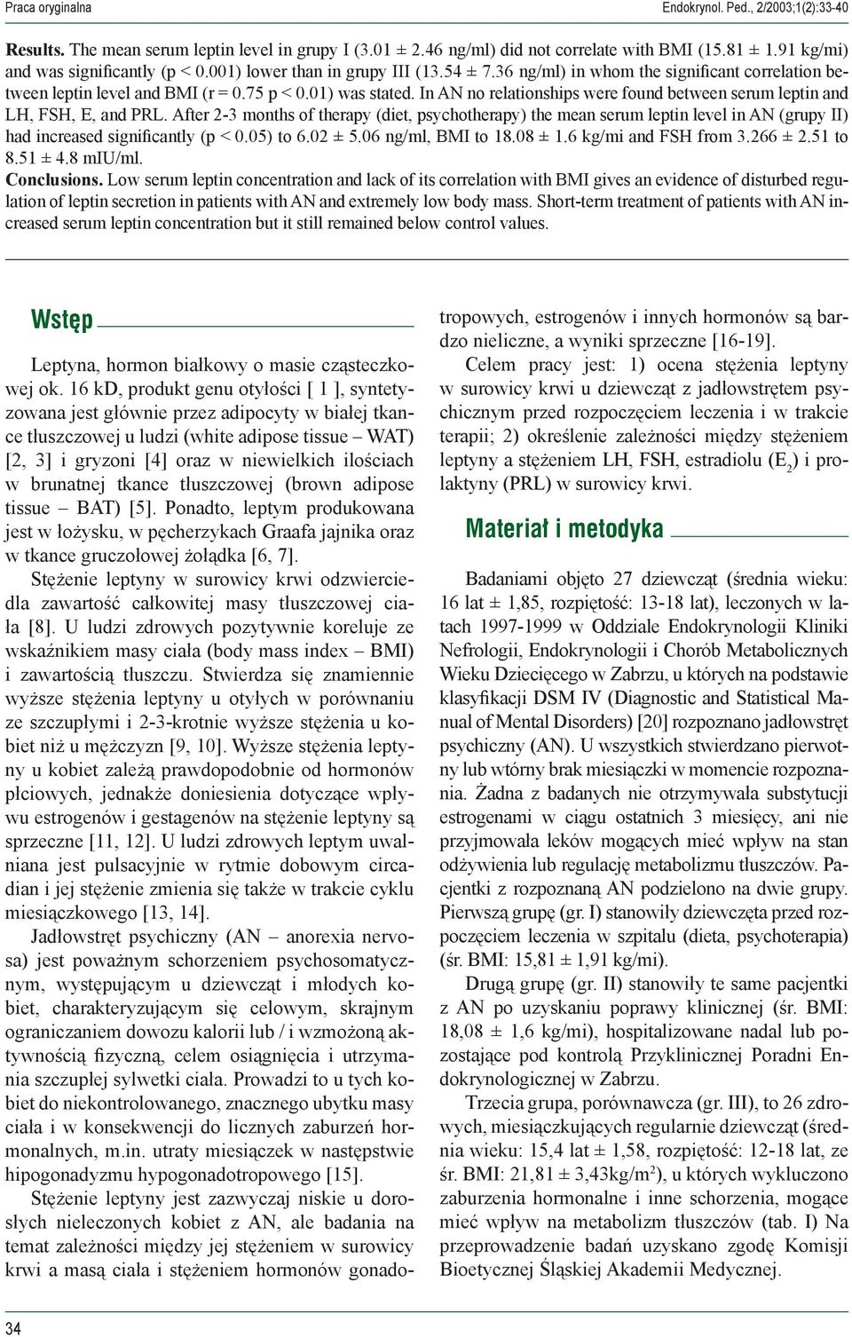 In AN no relationships were found between serum leptin and LH, FSH, E, and PRL.