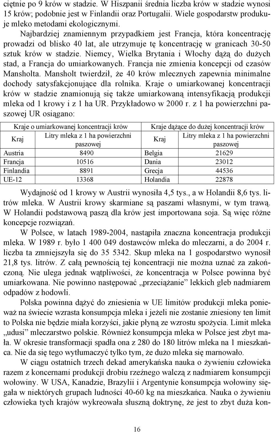 Niemcy, Wielka Brytania i Włochy dążą do dużych stad, a Francja do umiarkowanych. Francja nie zmienia koncepcji od czasów Mansholta.