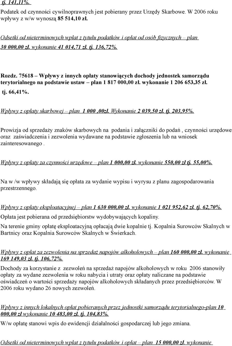 75618 Wpływy z innych opłaty stanowiących dochody jednostek samorządu terytorialnego na podstawie ustaw plan 1 817 000,00 zł. wykonanie 1 206 653,35 zł. tj. 66,41%.