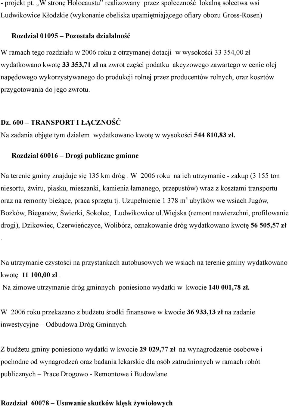 ramach tego rozdziału w 2006 roku z otrzymanej dotacji w wysokości 33 354,00 zł wydatkowano kwotę 33 353,71 zł na zwrot części podatku akcyzowego zawartego w cenie olej napędowego wykorzystywanego do