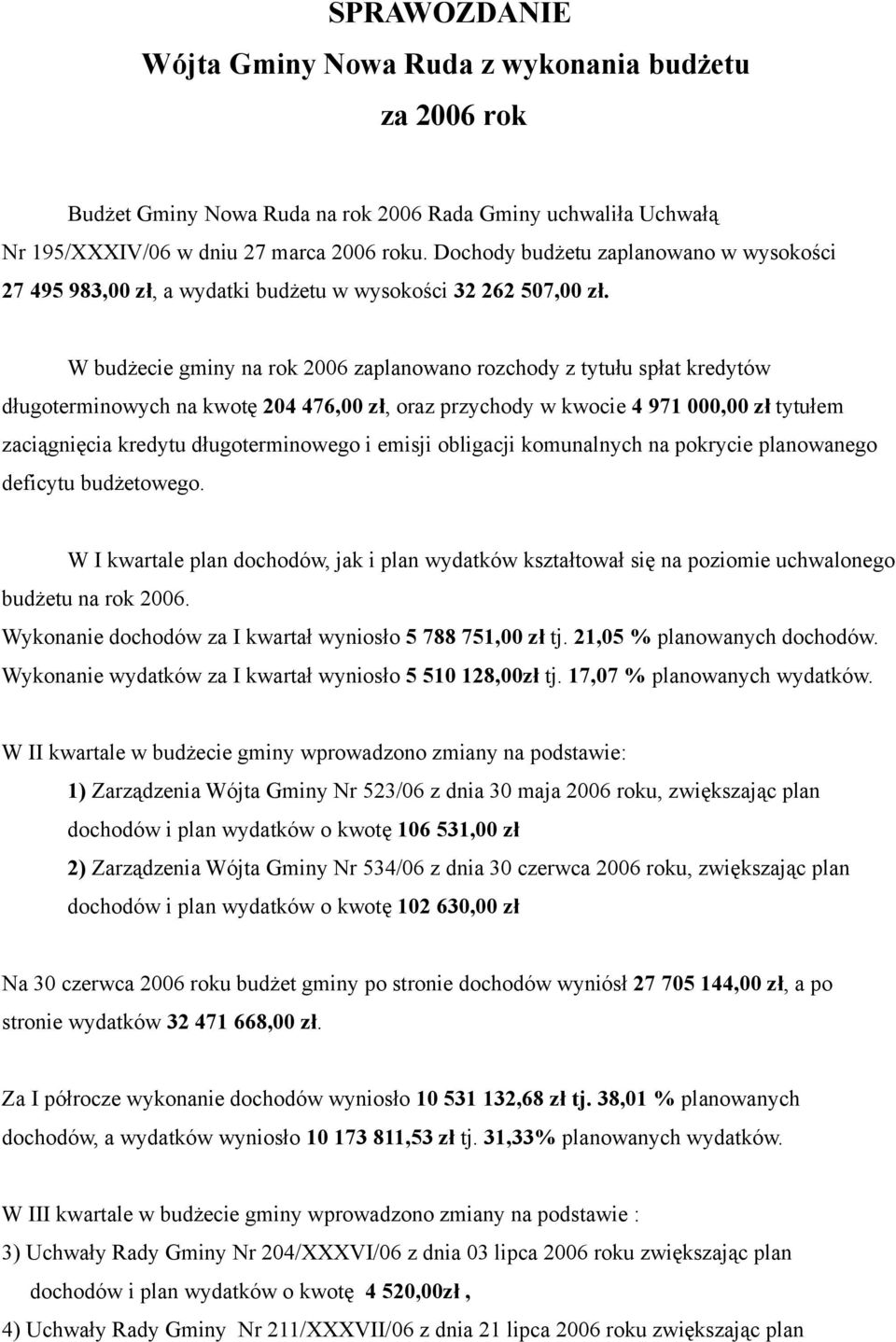 W budżecie gminy na rok 2006 zaplanowano rozchody z tytułu spłat kredytów długoterminowych na kwotę 204 476,00 zł, oraz przychody w kwocie 4 971 000,00 zł tytułem zaciągnięcia kredytu