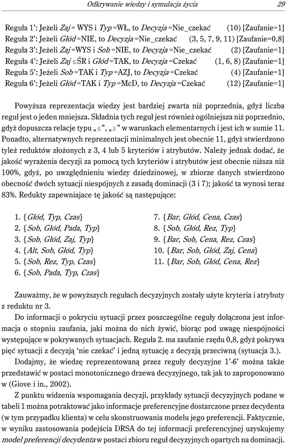 =TAK i Typ =AZJ, to Decyzja =Czekać (4) [Zaufanie=1] Reguła 6 : Jeżeli Głód =TAK i Typ =McD, to Decyzja =Czekać (12) [Zaufanie=1] Powyższa reprezentacja wiedzy jest bardziej zwarta niż poprzednia,