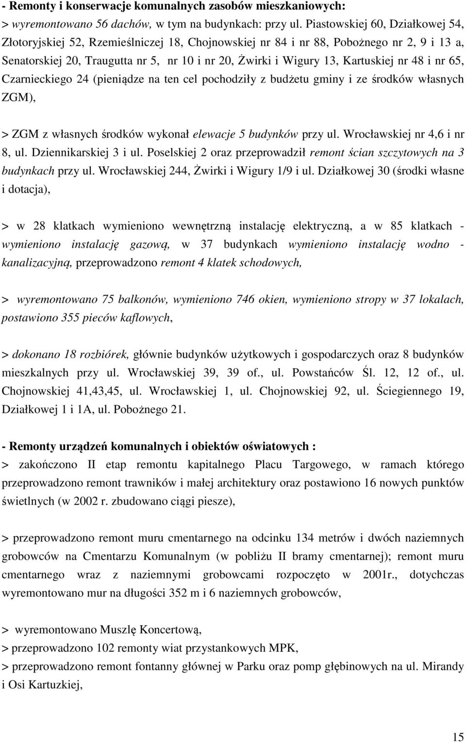 Kartuskiej nr 48 i nr 65, Czarnieckiego 24 (pieniądze na ten cel pochodziły z budżetu gminy i ze środków własnych ZGM), > ZGM z własnych środków wykonał elewacje 5 budynków przy ul.