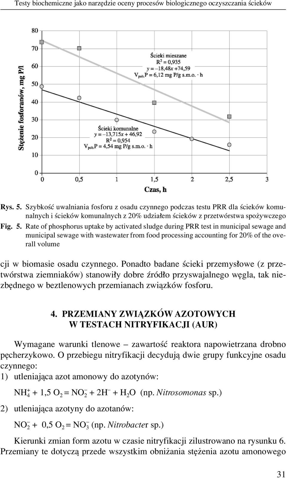 Rate of phosphorus uptake by activated sludge during PRR test in municipal sewage and municipal sewage with wastewater from food processing accounting for 20% of the overall volume cji w biomasie