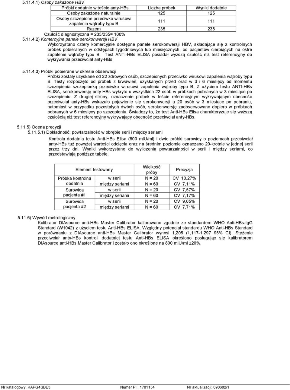 235 Czułość diagnostyczna = 235/235= 100% 2) Komercyjne panele serokonwersji HBV Wykorzystano cztery komercyjnie dostępne panele serokonwersji HBV, składające się z kontrolnych próbek pobieranych w