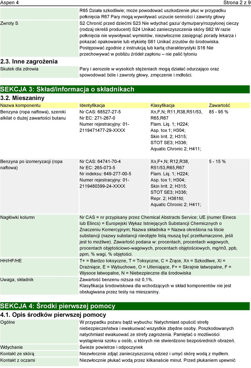 Nie wdychać gazu/ dymu/pary/rozpylonej cieczy (rodzaj określi producent) S24 Unikać zanieczyszczenia skóry S62 W razie połknięcia nie wywoływać wymiotów, niezwłocznie zasięgnąć porady lekarza i