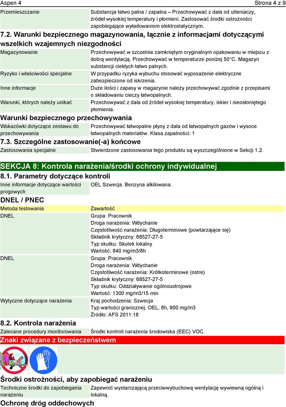 Warunki bezpiecznego magazynowania, łącznie z informacjami dotyczącymi wszelkich wzajemnych niezgodności Magazynowanie Ryzyko i właściwości specjalne Inne informacje Warunki, których należy unikać