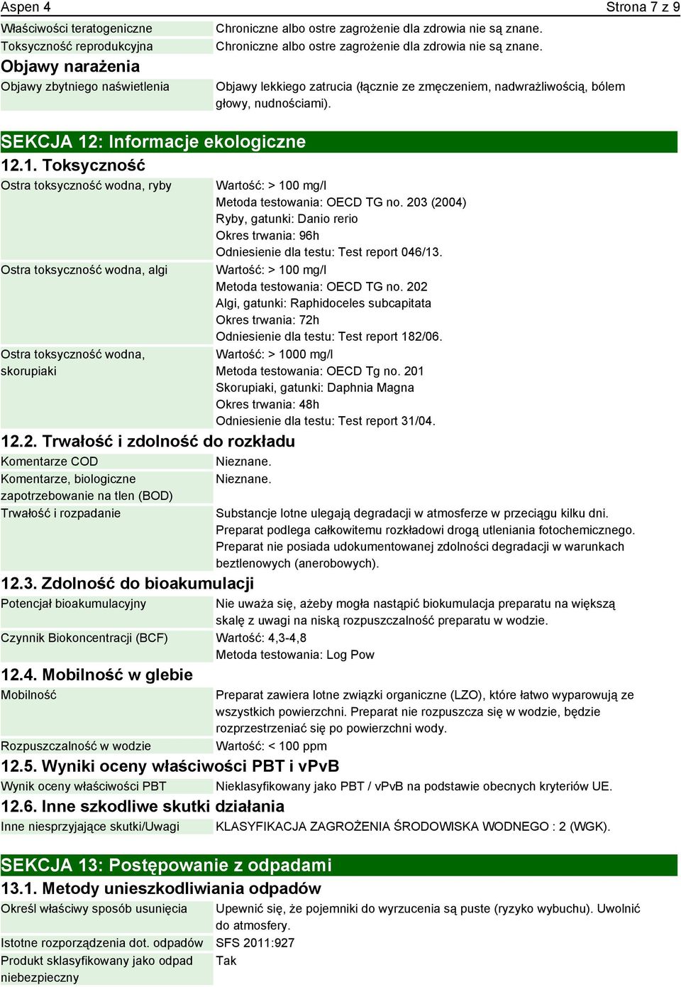 Komentarze, biologiczne zapotrzebowanie na tlen (BOD) Trwałość i rozpadanie Chroniczne albo ostre zagrożenie dla zdrowia nie są znane.