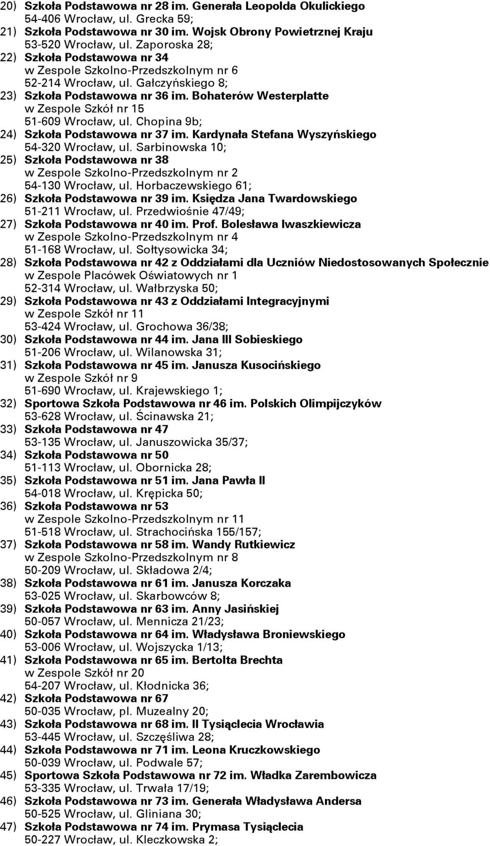 Bohaterów Westerplatte w Zespole Szkół nr 15 51-609 Wrocław, ul. Chopina 9b; 24) Szkoła Podstawowa nr 37 im. Kardynała Stefana Wyszyńskiego 54-320 Wrocław, ul.