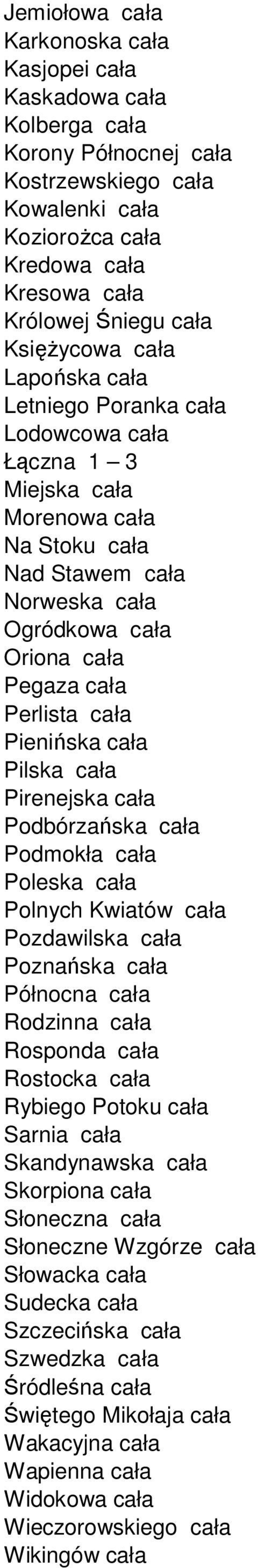 cała Pienińska cała Pilska cała Pirenejska cała Podbórzańska cała Podmokła cała Poleska cała Polnych Kwiatów cała Pozdawilska cała Poznańska cała Północna cała Rodzinna cała Rosponda cała Rostocka