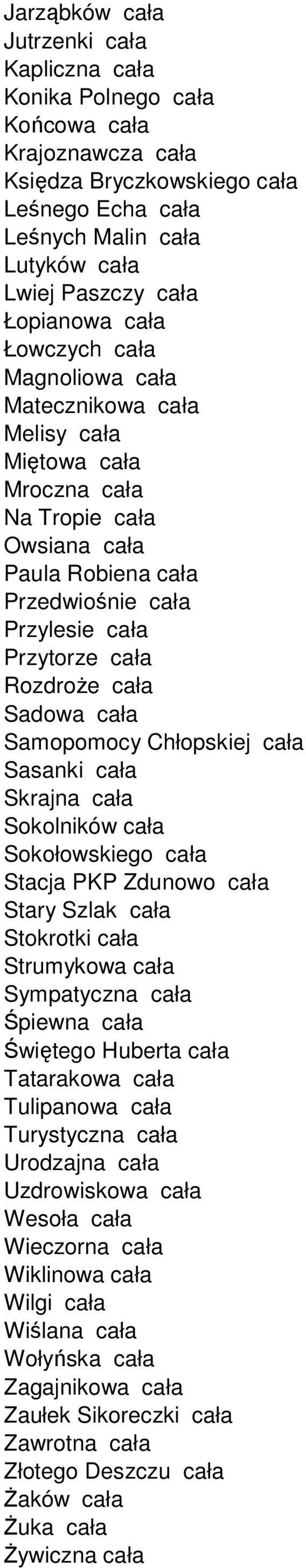 RozdroŜe cała Sadowa cała Samopomocy Chłopskiej cała Sasanki cała Skrajna cała Sokolników cała Sokołowskiego cała Stacja PKP Zdunowo cała Stary Szlak cała Stokrotki cała Strumykowa cała Sympatyczna