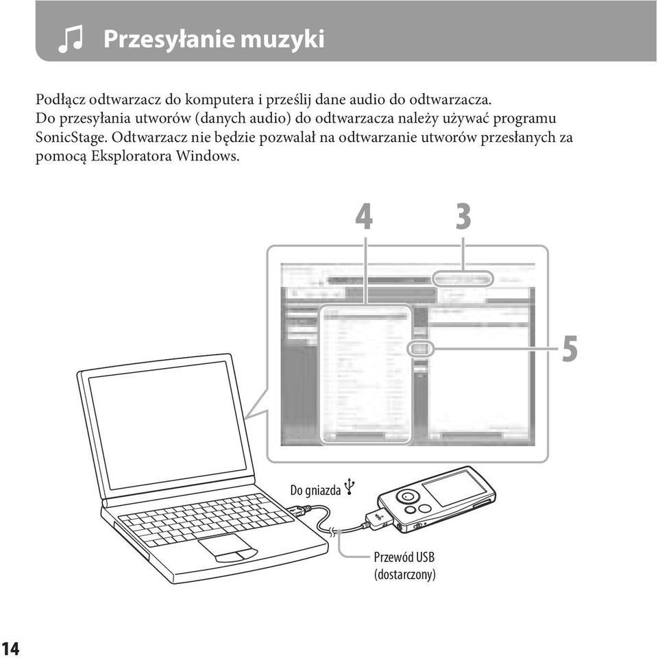 Do przesyłania utworów (danych audio) do odtwarzacza należy używać programu