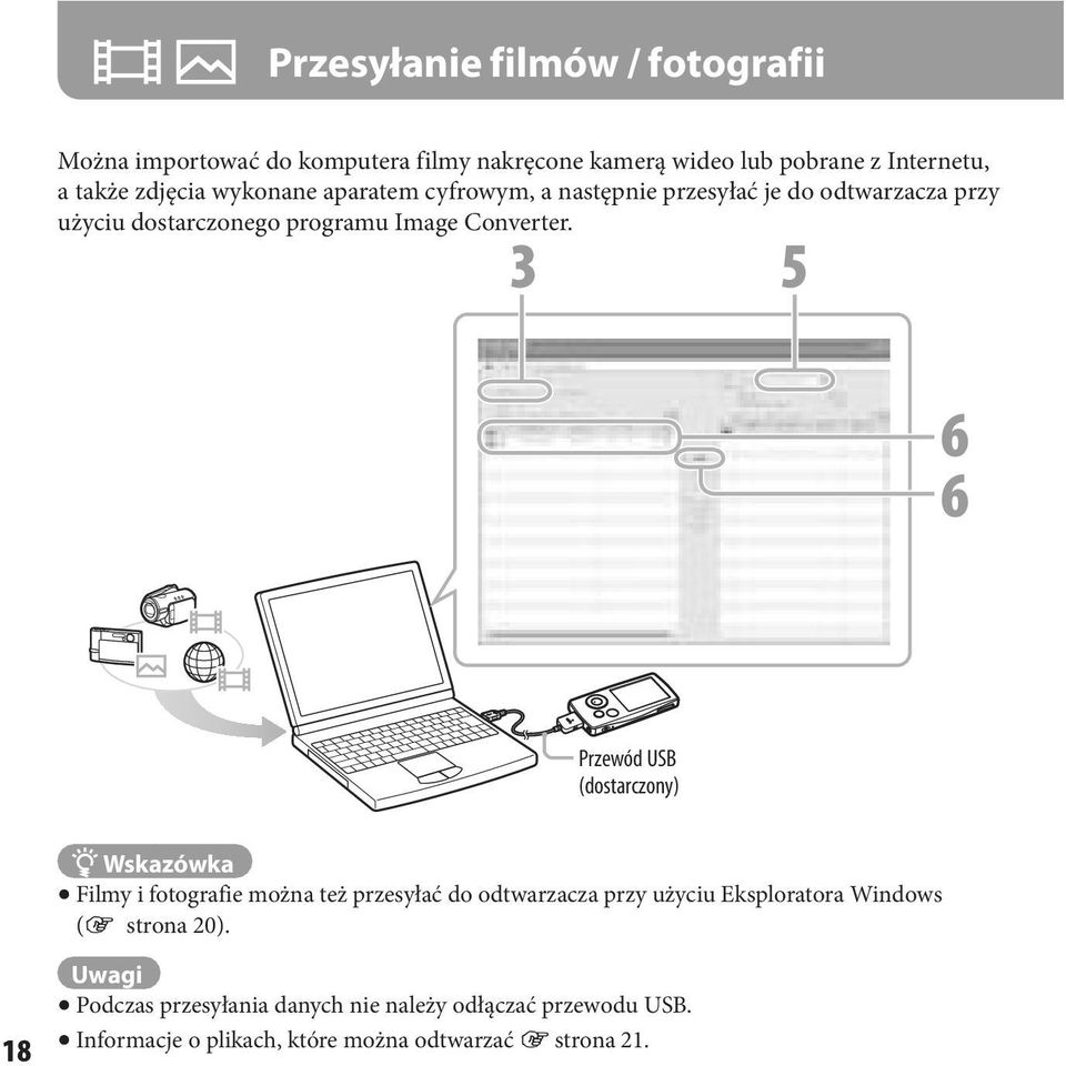 3 5 6 6 Przewód USB (dostarczony) Wskazówka Filmy i fotografie można też przesyłać do odtwarzacza przy użyciu Eksploratora Windows
