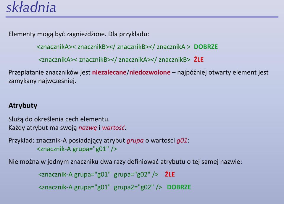 jest niezalecane/niedozwolone najpóźniej otwarty element jest zamykany najwcześniej. Atrybuty Służą do określenia cech elementu.