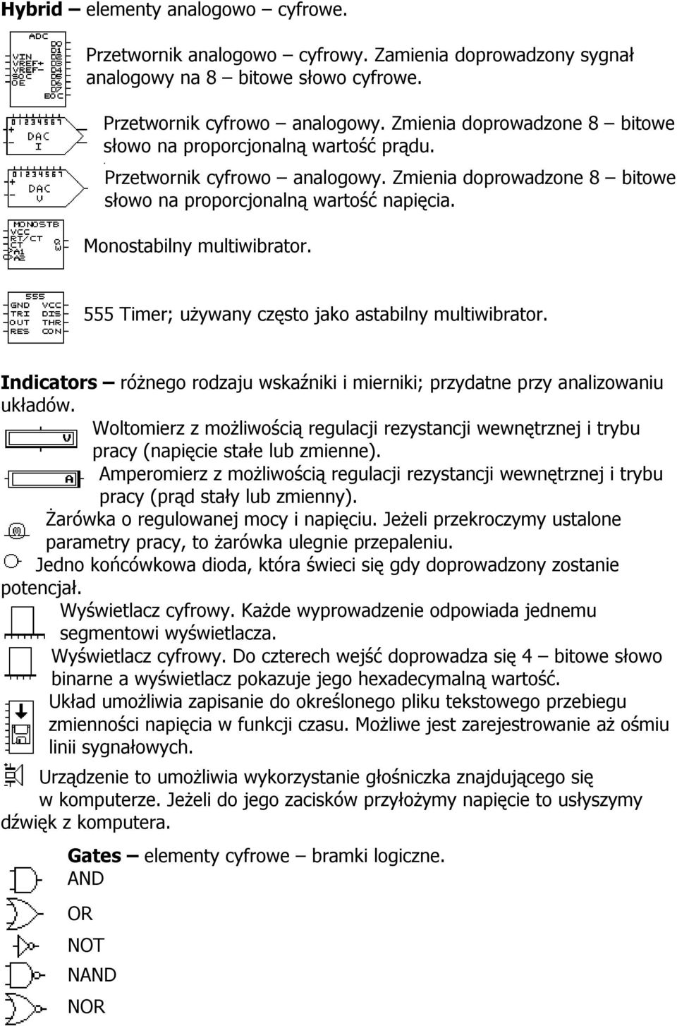 555 Timer; używany często jako astabilny multiwibrator. Indicators różnego rodzaju wskaźniki i mierniki; przydatne przy analizowaniu układów.