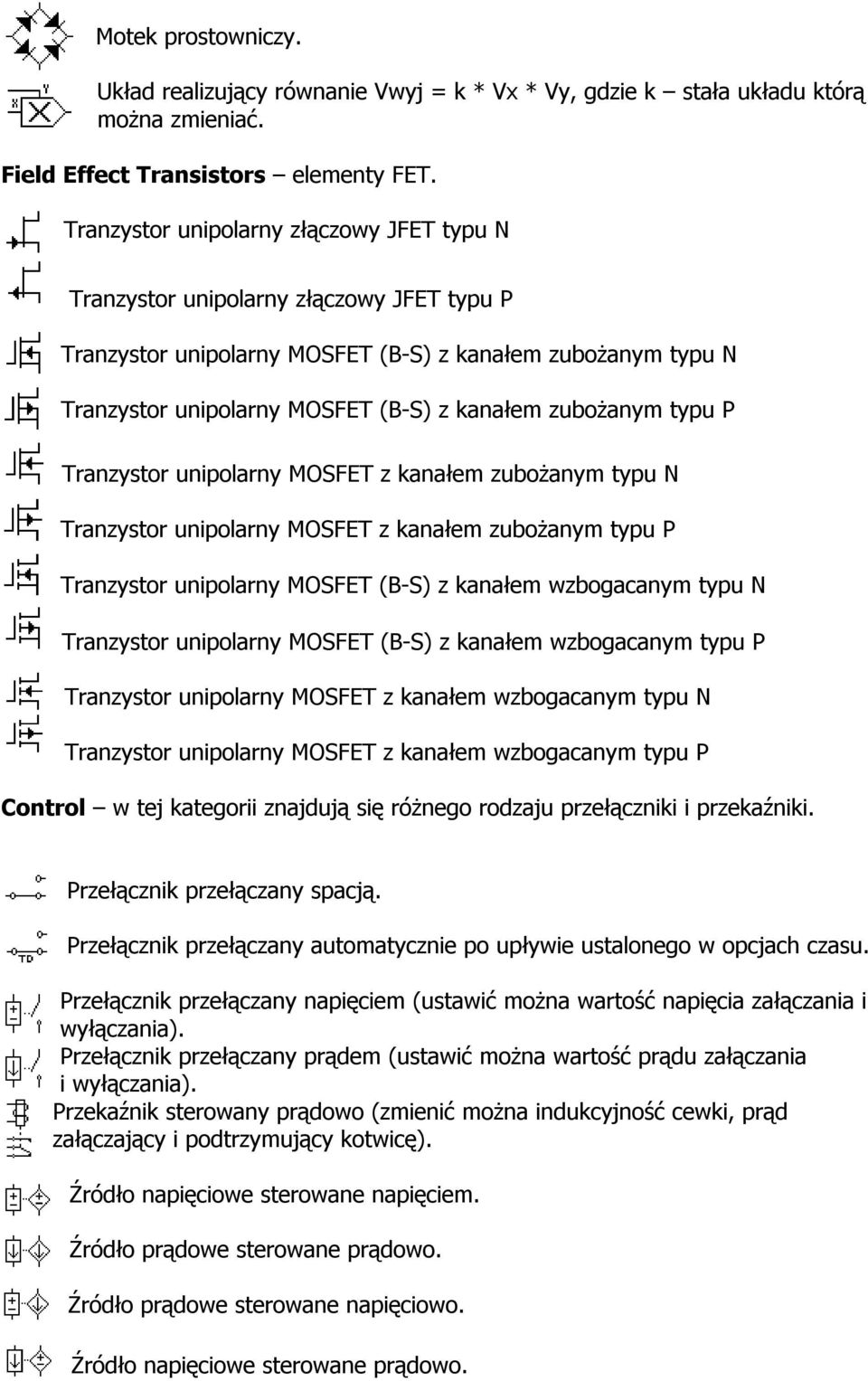 zubożanym typu P Tranzystor unipolarny MOSFET z kanałem zubożanym typu N Tranzystor unipolarny MOSFET z kanałem zubożanym typu P Tranzystor unipolarny MOSFET (B-S) z kanałem wzbogacanym typu N