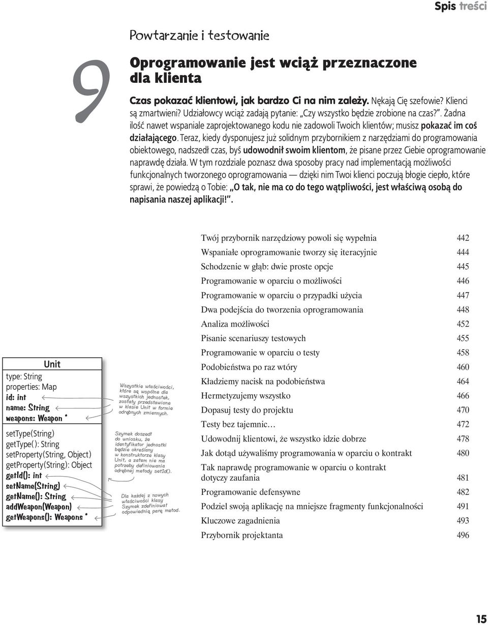 Teraz, kiedy dysponujesz już solidnym przybornikiem z narzędziami do programowania obiektowego, nadszedł czas, byś udowodnił swoim klientom, że pisane przez Ciebie oprogramowanie naprawdę działa.