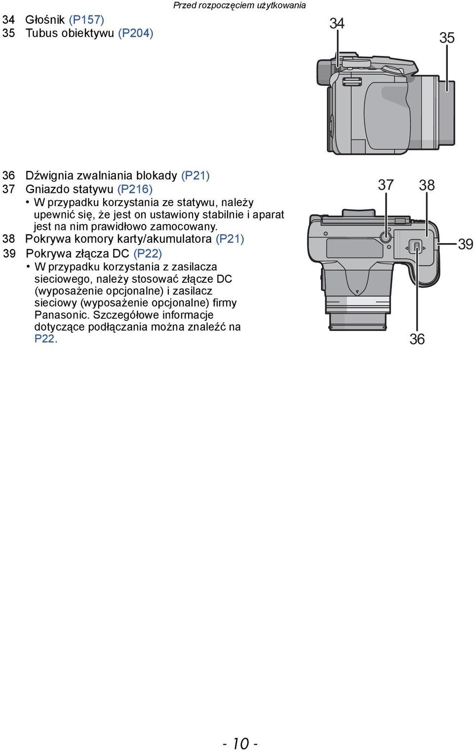 38 Pokrywa komory karty/akumulatora (P21) 39 Pokrywa złącza DC (P22) W przypadku korzystania z zasilacza sieciowego, należy stosować złącze DC