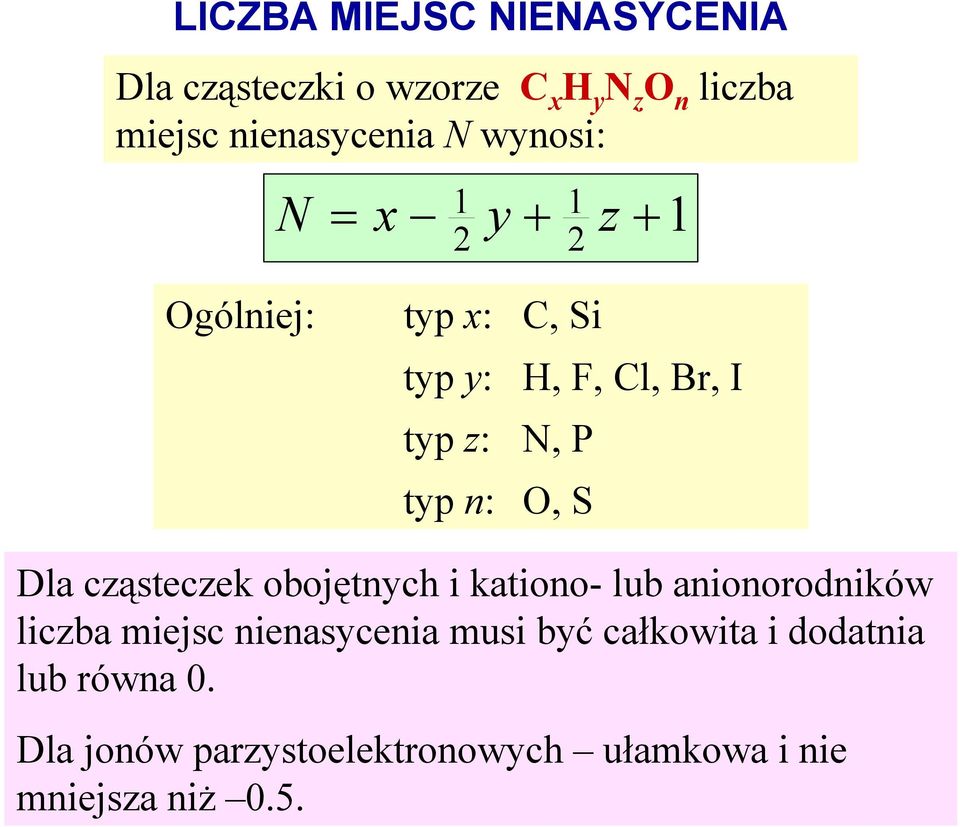 S Dla cząsteczek obojętnych i kationo- lub anionorodników liczba miejsc nienasycenia musi być