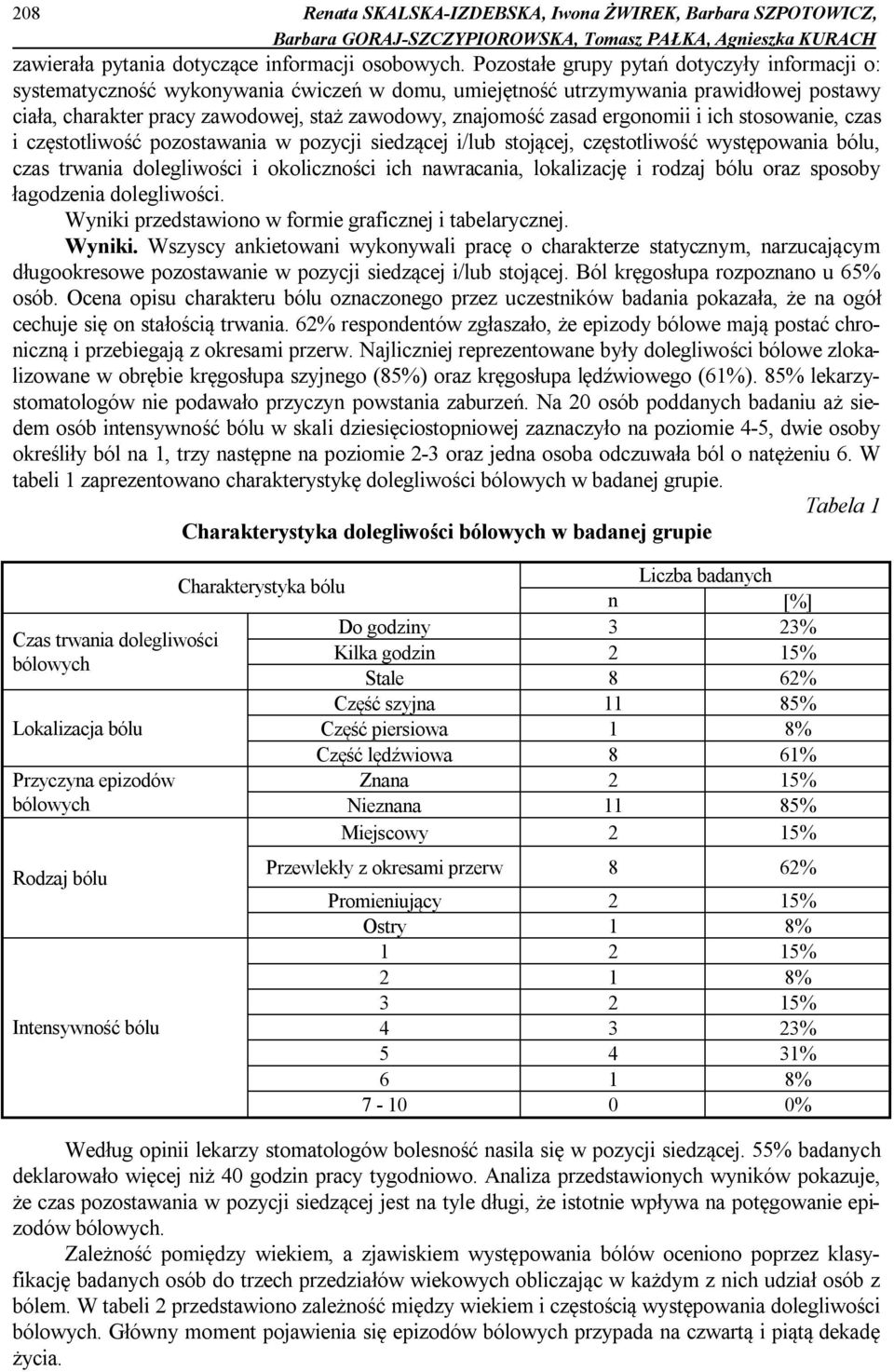 ergonomii i ich stosowanie, czas i częstotliwość pozostawania w pozycji siedzącej i/lub stojącej, częstotliwość występowania bólu, czas trwania dolegliwości i okoliczności ich nawracania, lokalizację