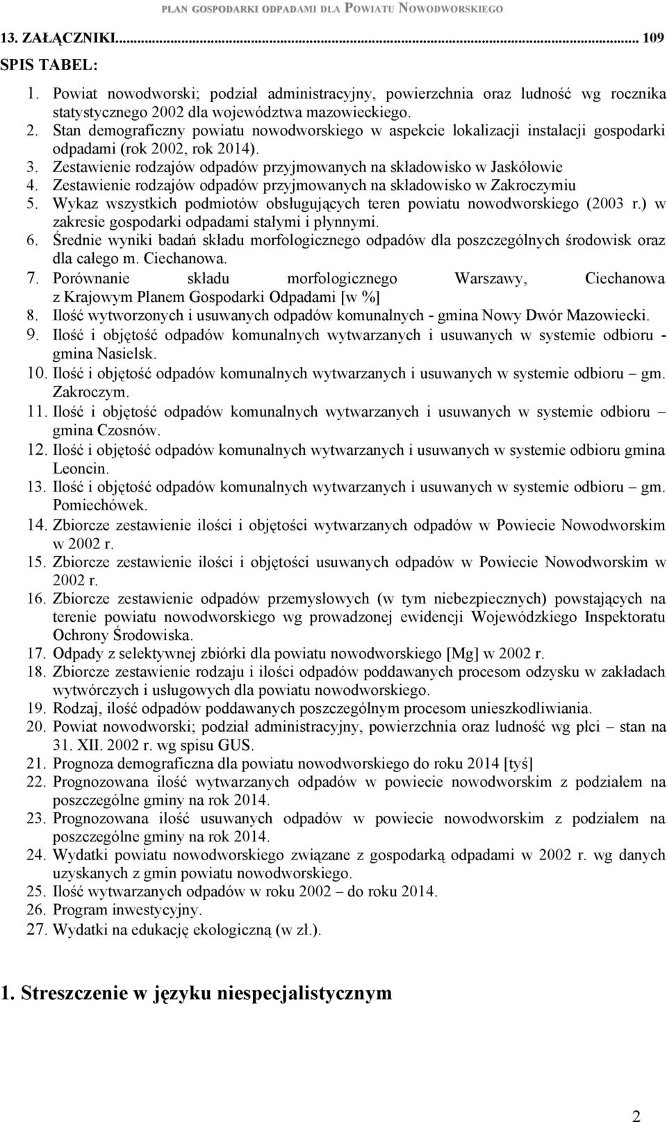 Zestawienie rodzajów odpadów przyjmowanych na składowisko w Zakroczymiu 5. Wykaz wszystkich podmiotów obsługujących teren powiatu nowodworskiego (2003 r.