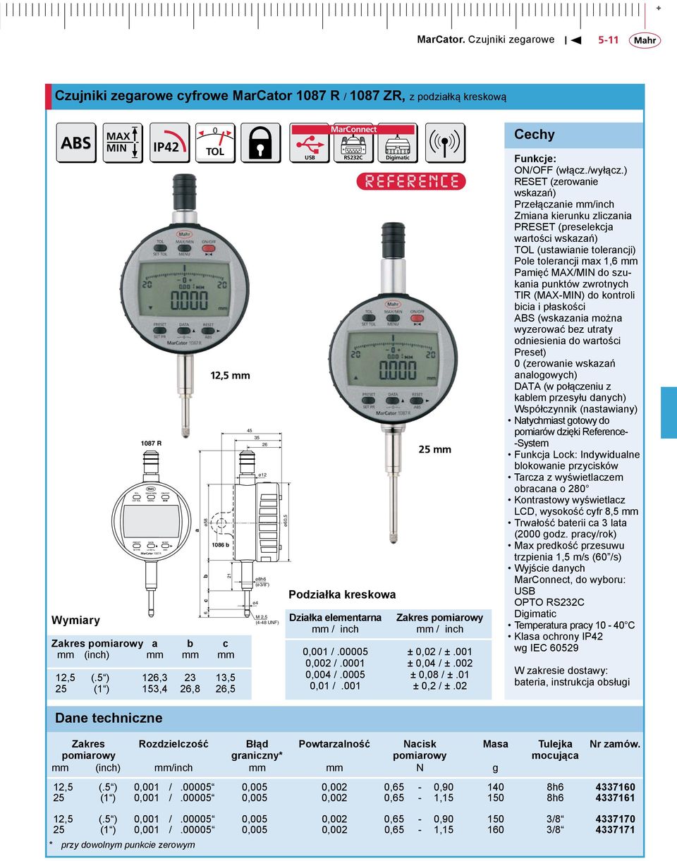 5 ) 126,3 23 13,5 25 (1 ) 153,4 26,8 26,5 21 45 35 26 ø12 ø8h6 (ø3/8 ) (4-48 UNF) ø60,5 MarConnect RS232C Podziałka kreskowa Działka elementarna / inch 25 Zakres / inch 0,001 /.00005 ± 0,02 / ±.