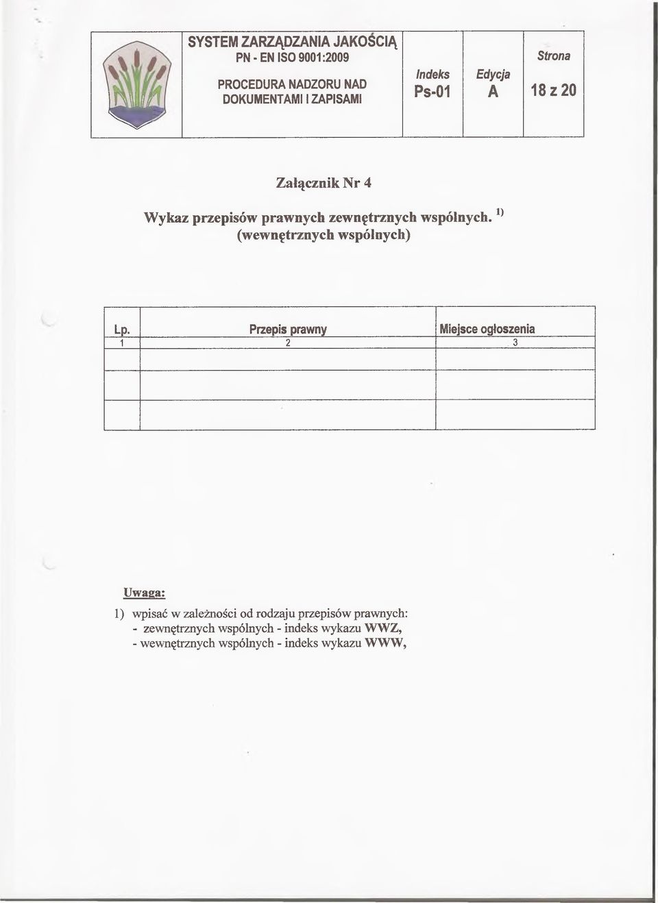 Przepis prawny Miejsce ogłoszenia 1 2 3 Uwaga: 1) wpisać w zależności od rodzaju