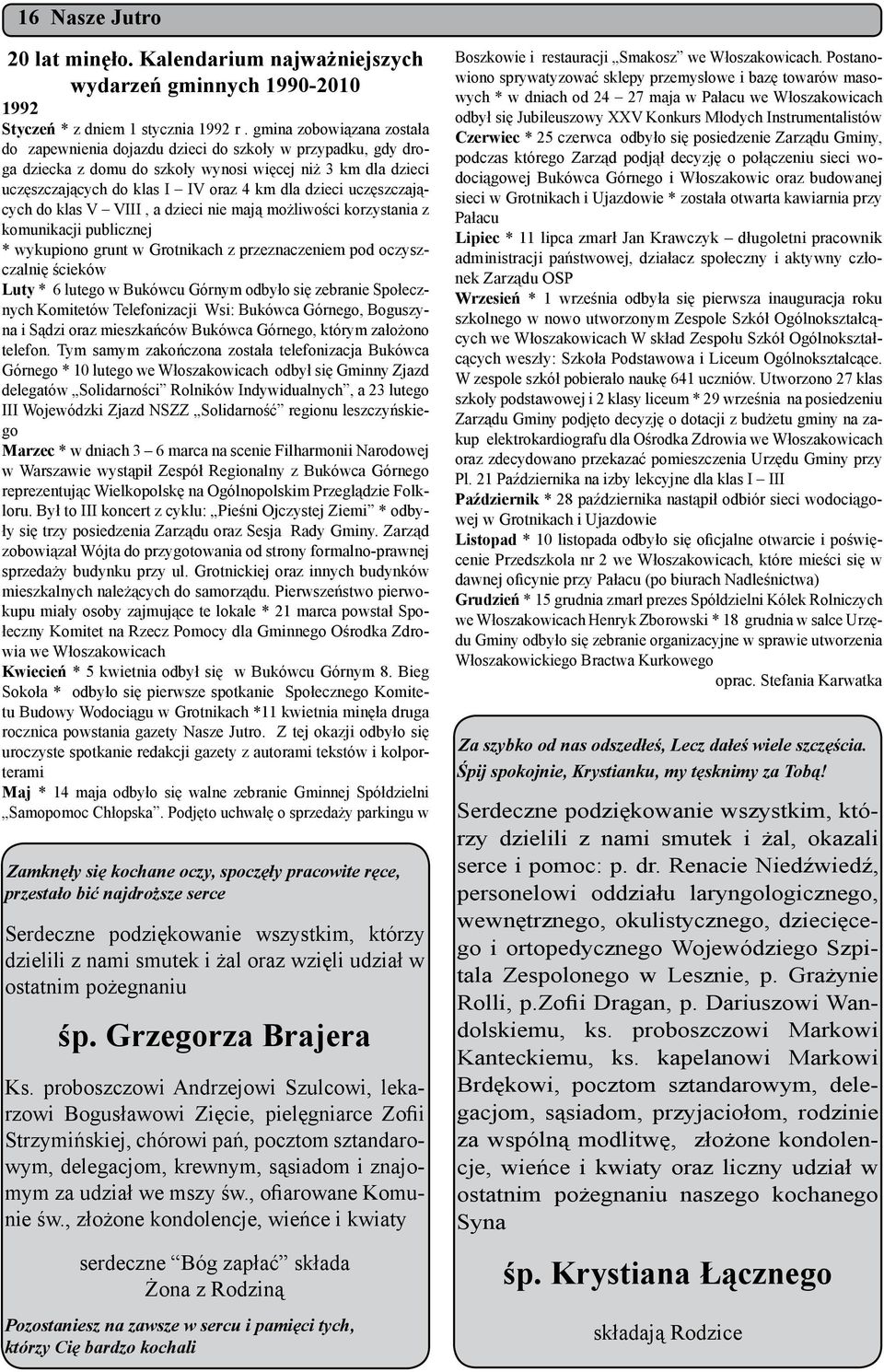 uczęszczających do klas V VIII, a dzieci nie mają możliwości korzystania z komunikacji publicznej * wykupiono grunt w Grotnikach z przeznaczeniem pod oczyszczalnię ścieków Luty * 6 lutego w Bukówcu