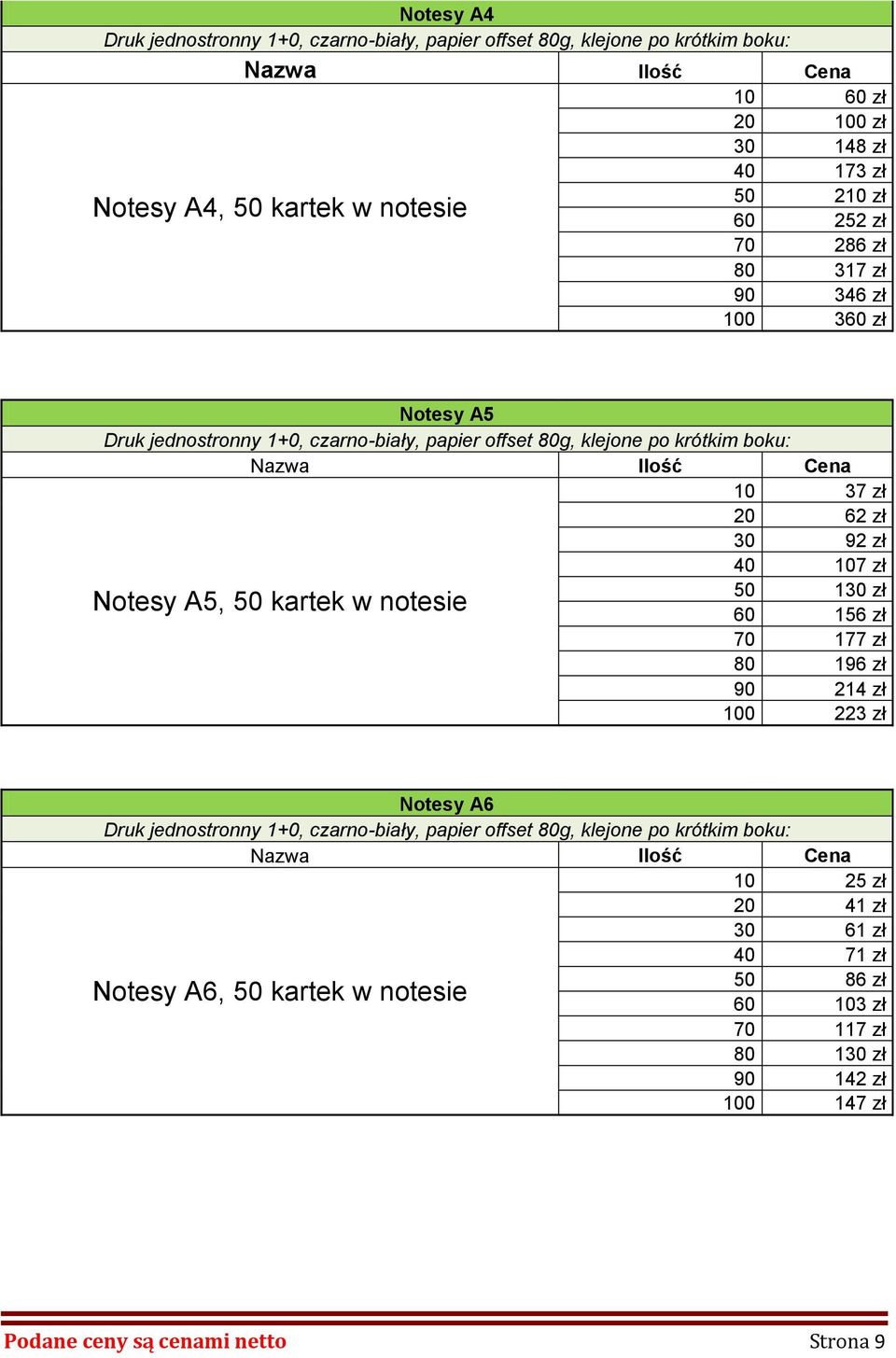 zł 50 130 zł 60 156 zł 70 177 zł 80 196 zł 90 214 zł 100 223 zł Notesy A5, 50 kartek w notesie Notesy A6 Druk jednostronny 1+0, czarno-biały, papier offset 80g, klejone po