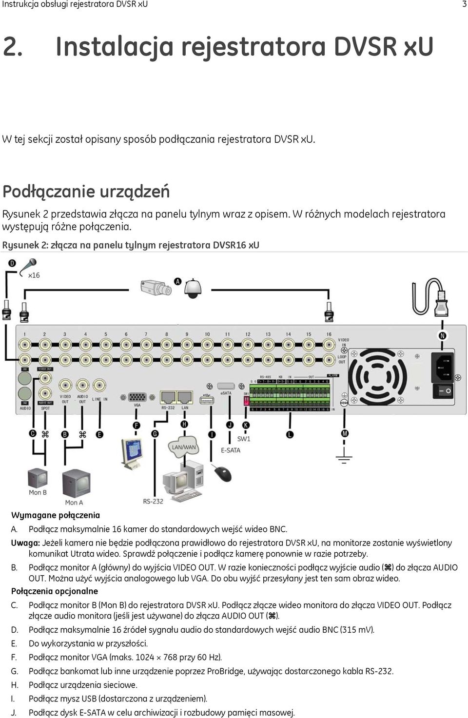 Rysunek 2: złącza na panelu tylnym rejestratora DVSR16 xu Wymagane połączenia A. Podłącz maksymalnie 16 kamer do standardowych wejść wideo BNC.