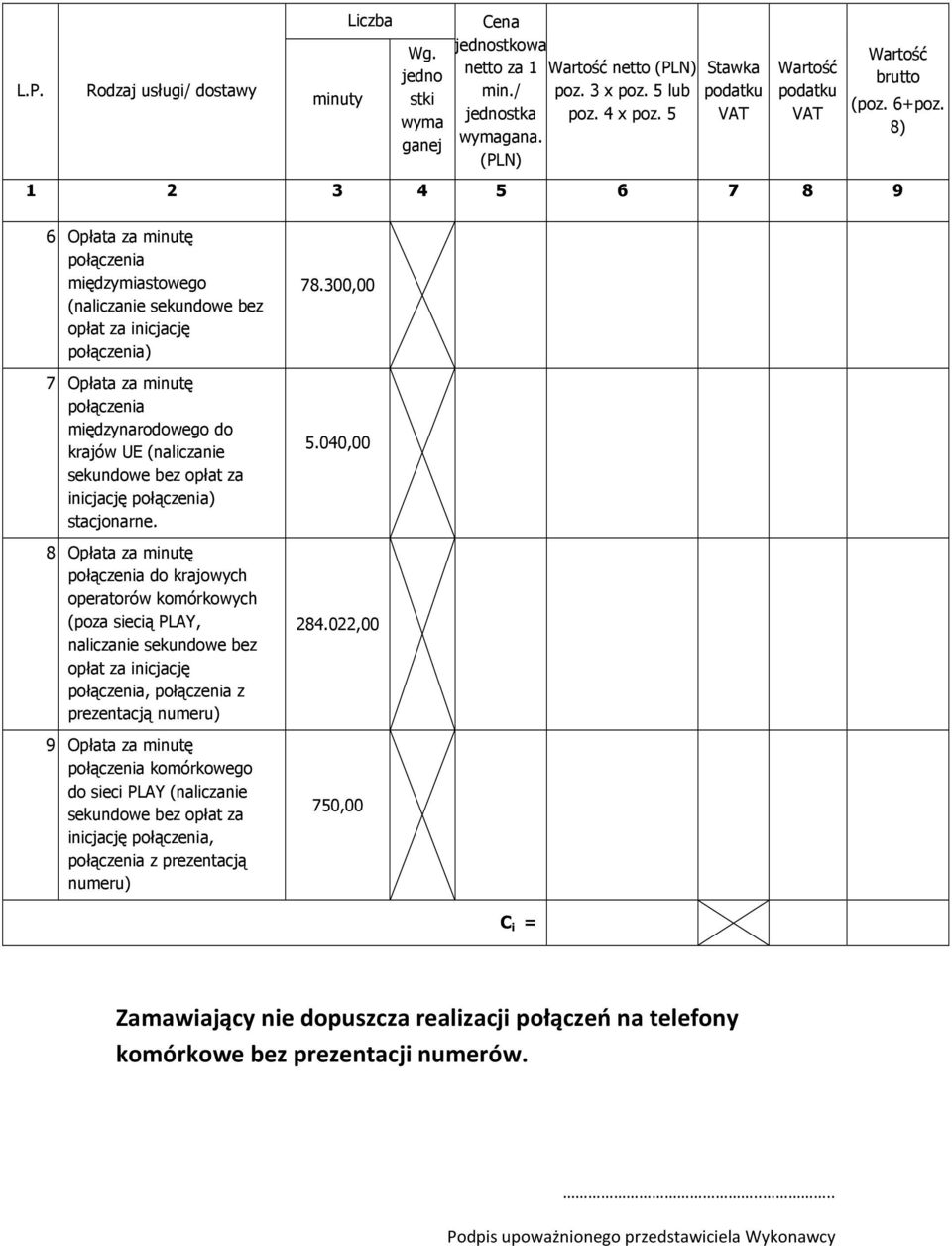 8) 1 2 3 4 5 6 7 8 9 6 Opłata za minutę połączenia międzymiastowego (naliczanie sekundowe bez opłat za inicjację połączenia) 7 Opłata za minutę połączenia międzynarodowego do krajów UE (naliczanie