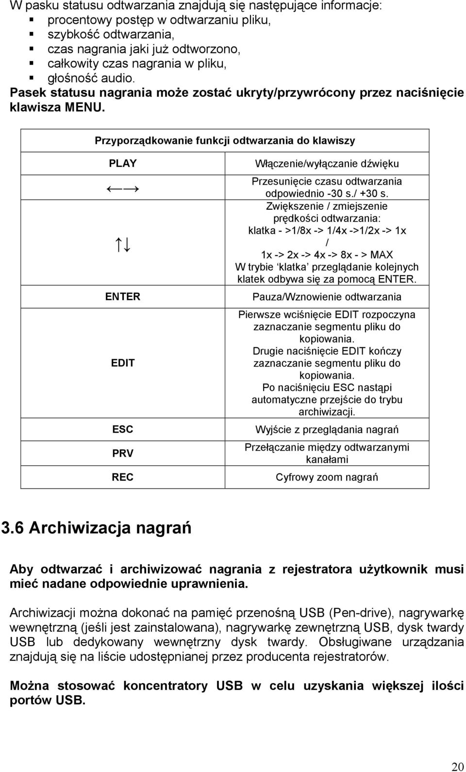 Przyporządkowanie funkcji odtwarzania do klawiszy PLAY ENTER EDIT ESC PRV REC Włączenie/wyłączanie dźwięku Przesunięcie czasu odtwarzania odpowiednio -30 s./ +30 s.