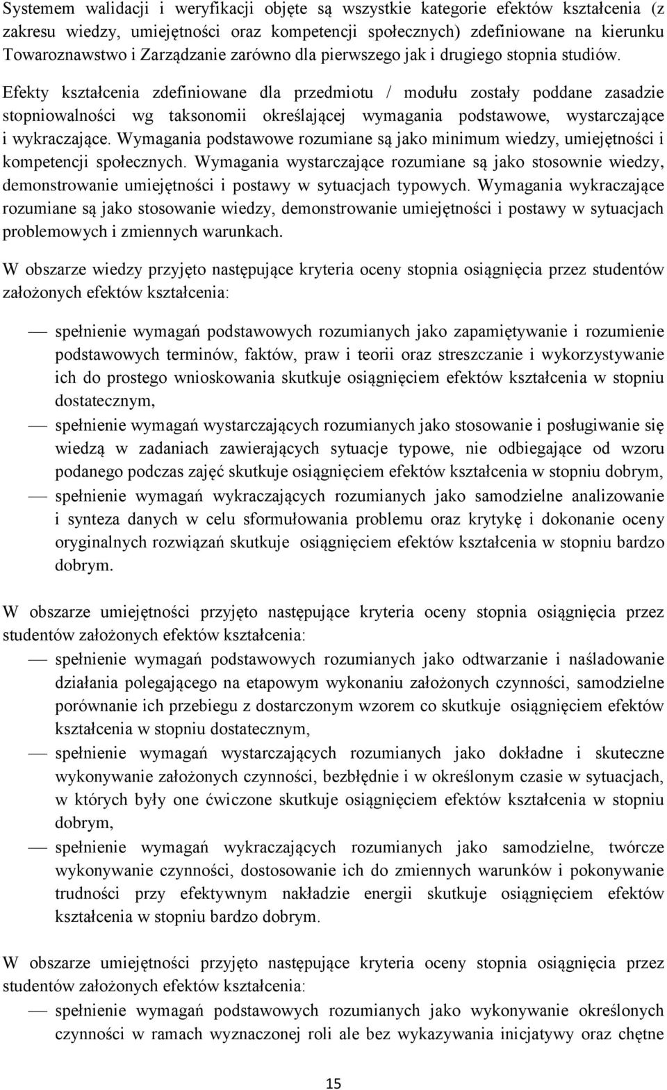 Efekty kształcenia zdefiniowane dla przedmiotu / modułu zostały poddane zasadzie stopniowalności wg taksonomii określającej wymagania podstawowe, wystarczające i wykraczające.