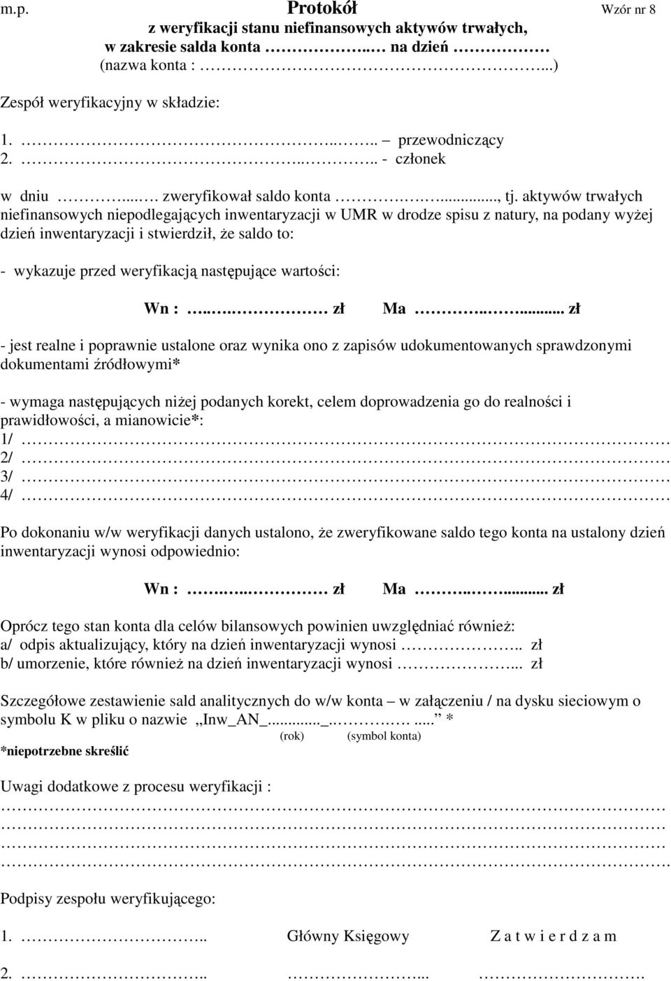 aktywów trwałych niefinansowych niepodlegających inwentaryzacji w UMR w drodze spisu z natury, na podany wyżej dzień inwentaryzacji i stwierdził, że saldo to: - wykazuje przed weryfikacją następujące