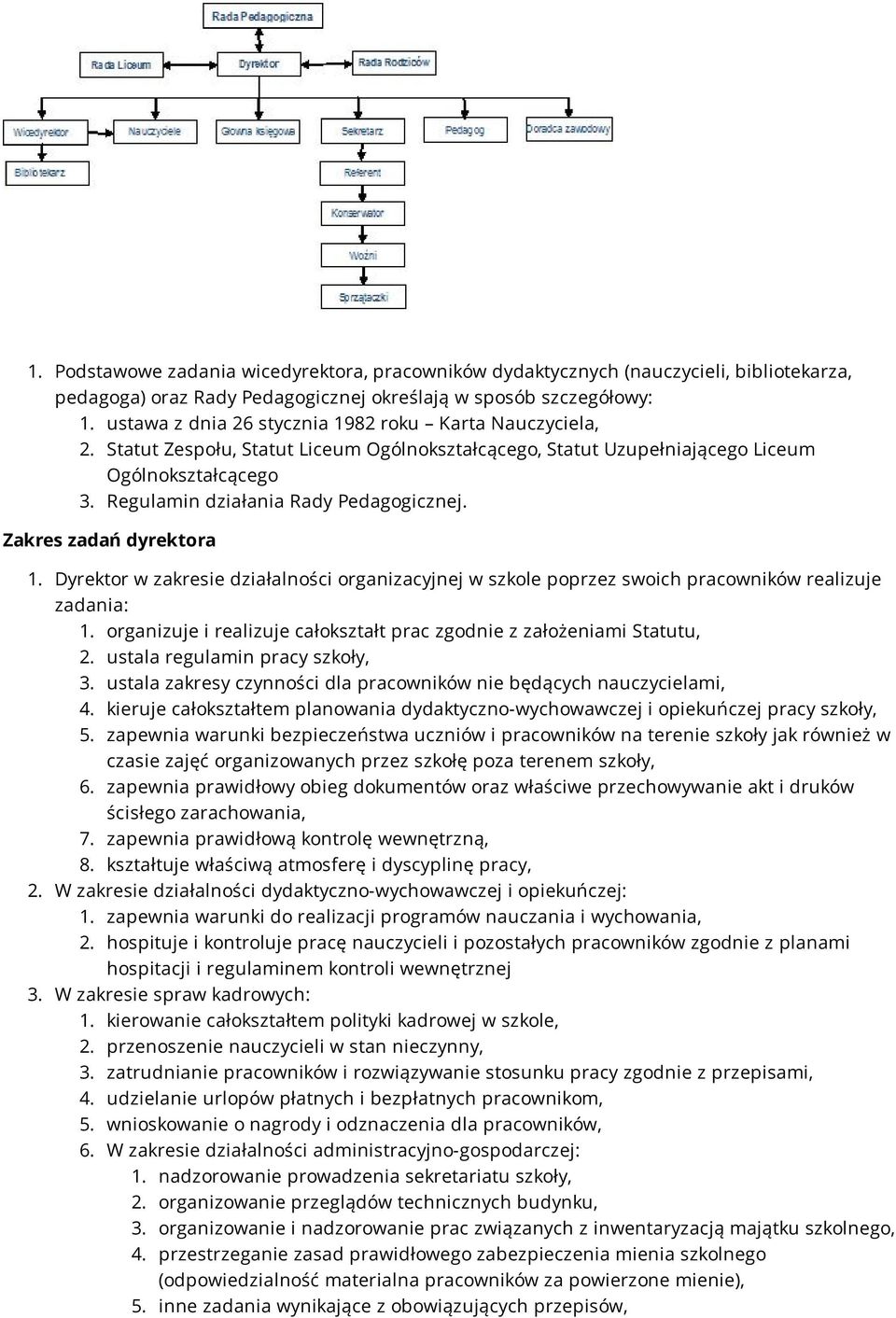 Zakres zadań dyrektora 1. Dyrektor w zakresie działalności organizacyjnej w szkole poprzez swoich pracowników realizuje zadania: 1.