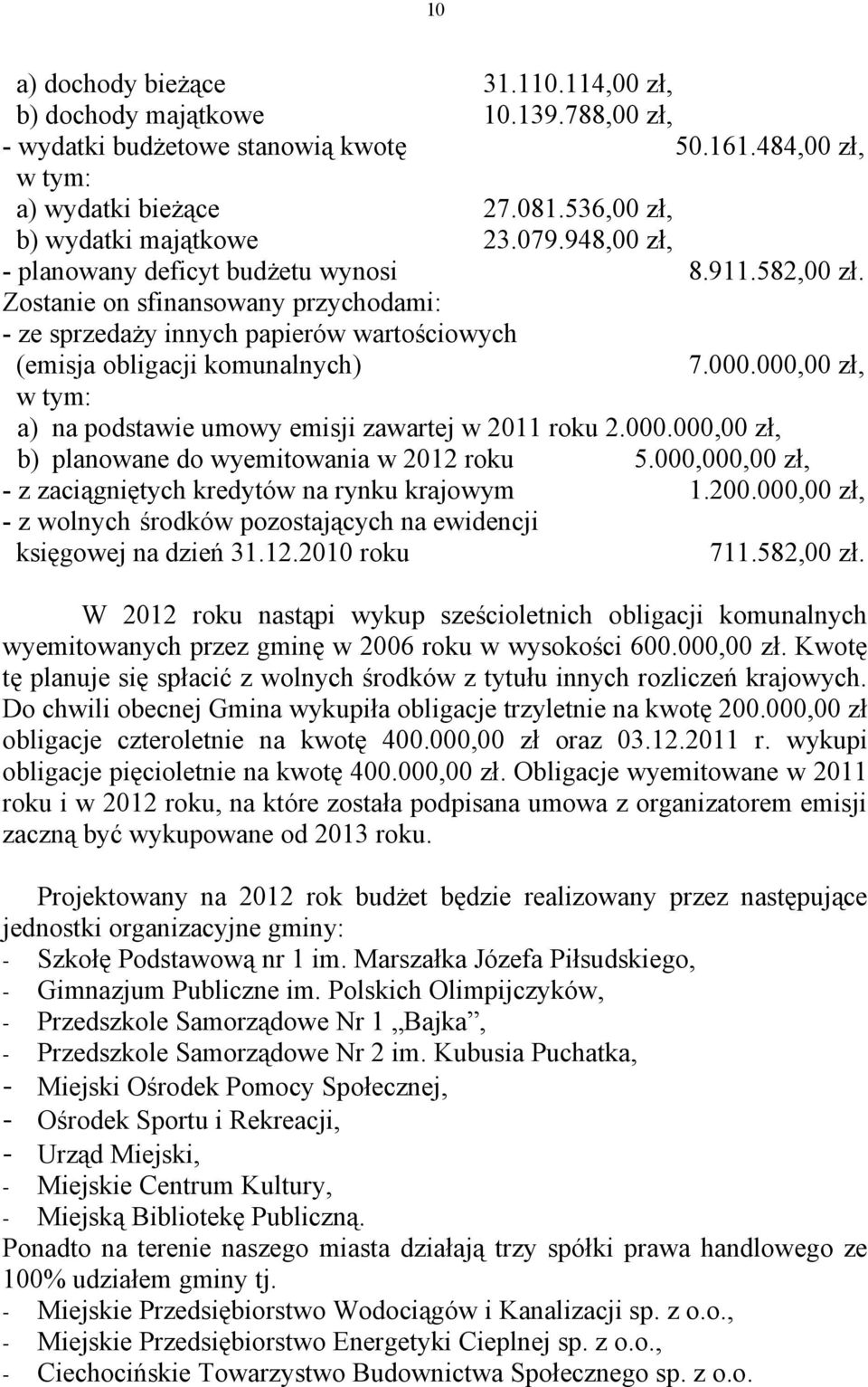 000,00 zł, a) na podstawie umowy emisji zawartej w 2011 roku 2.000.000,00 zł, b) planowane do wyemitowania w 2012 roku 5.000,000,00 zł, - z zaciągniętych kredytów na rynku krajowym 1.200.