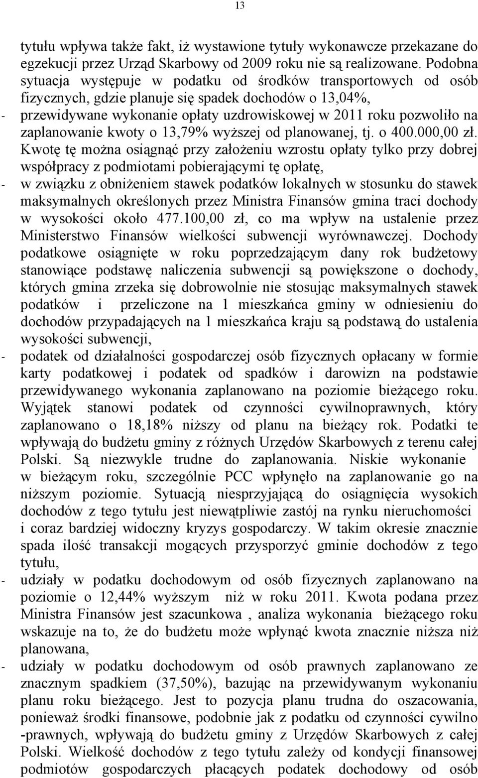 zaplanowanie kwoty o 13,79% wyższej od planowanej, tj. o 400.000,00 zł.