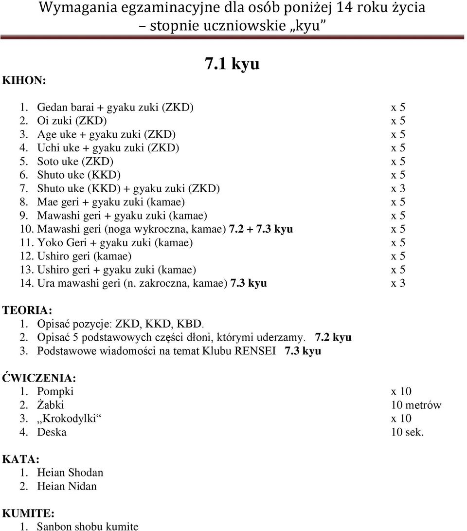 Ushiro geri + gyaku zuki (kamae) x 5 14. Ura mawashi geri (n. zakroczna, kamae) 7.3 kyu x 3 1. Opisać pozycje: ZKD, KKD, KBD. 2.