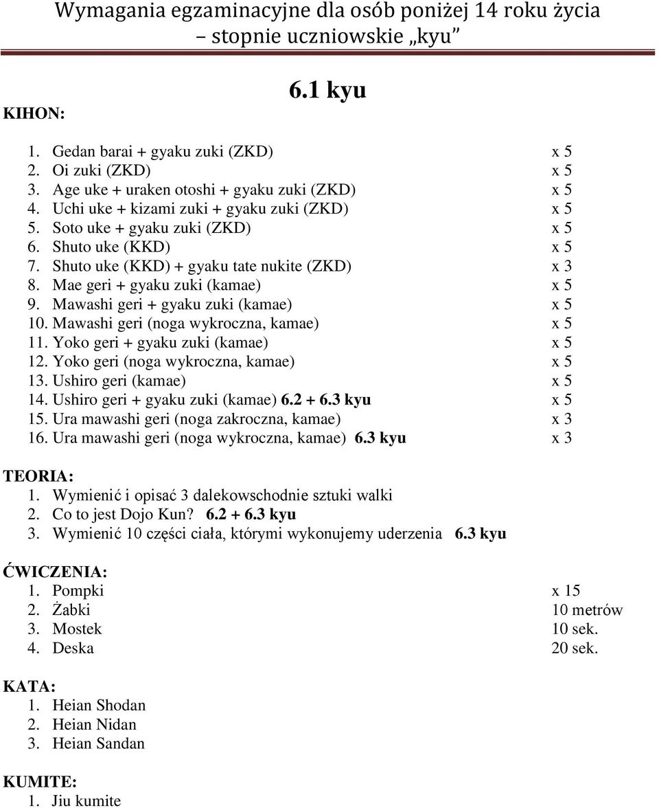 Yoko geri (noga wykroczna, kamae) x 5 13. Ushiro geri (kamae) x 5 14. Ushiro geri + gyaku zuki (kamae) 6.2 + 6.3 kyu x 5 15. Ura mawashi geri (noga zakroczna, kamae) x 3 16.